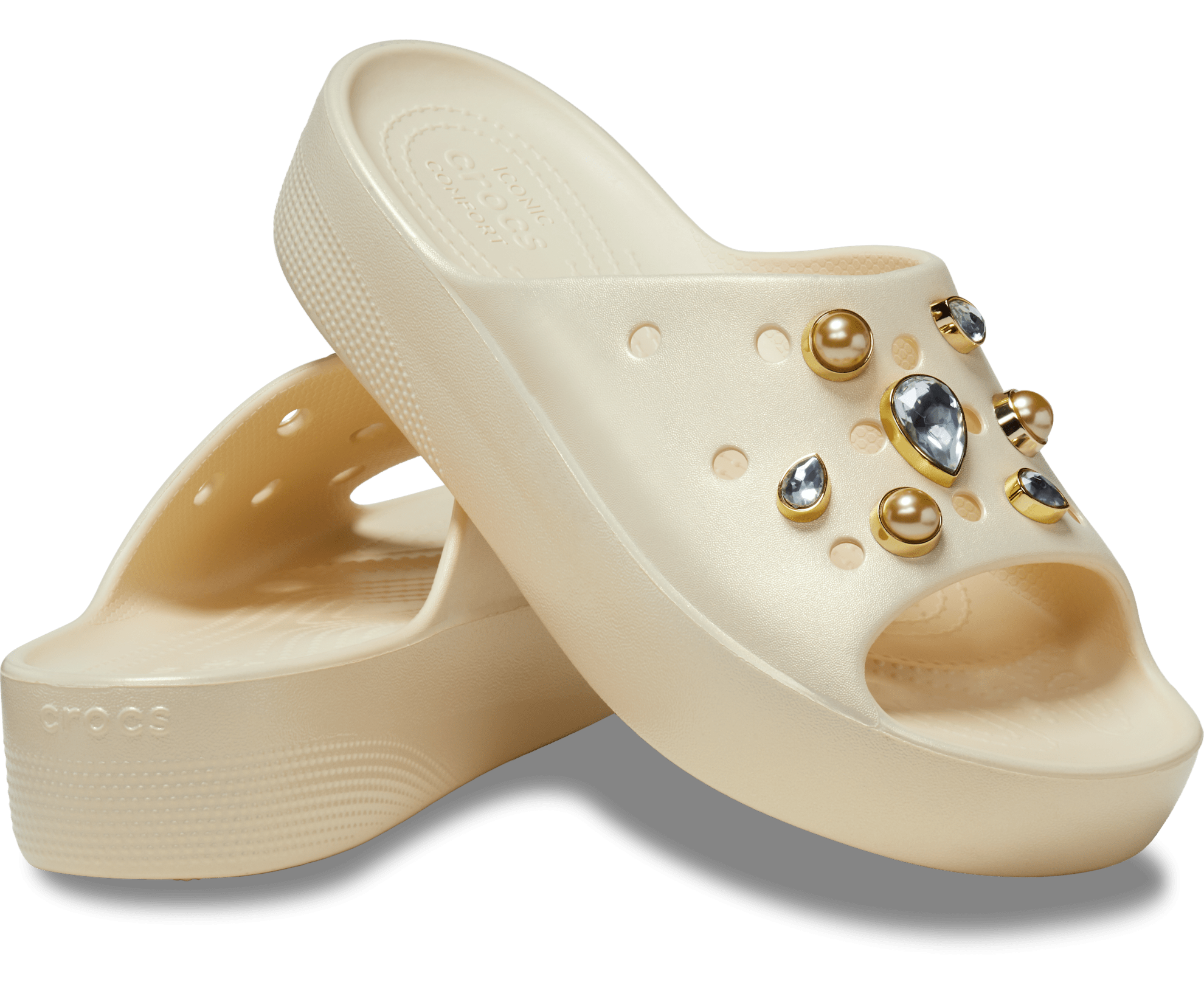 Crocs Unisex Classic Platform Crystals Pearls Slide - Vanilla - Image 2
